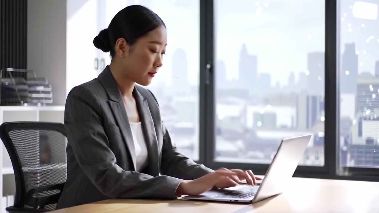 Focused Professional Woman Working on a Laptop in a Modern Office with a City Skyline View, Portraying Dedication and Productivity in a Corporate Environment