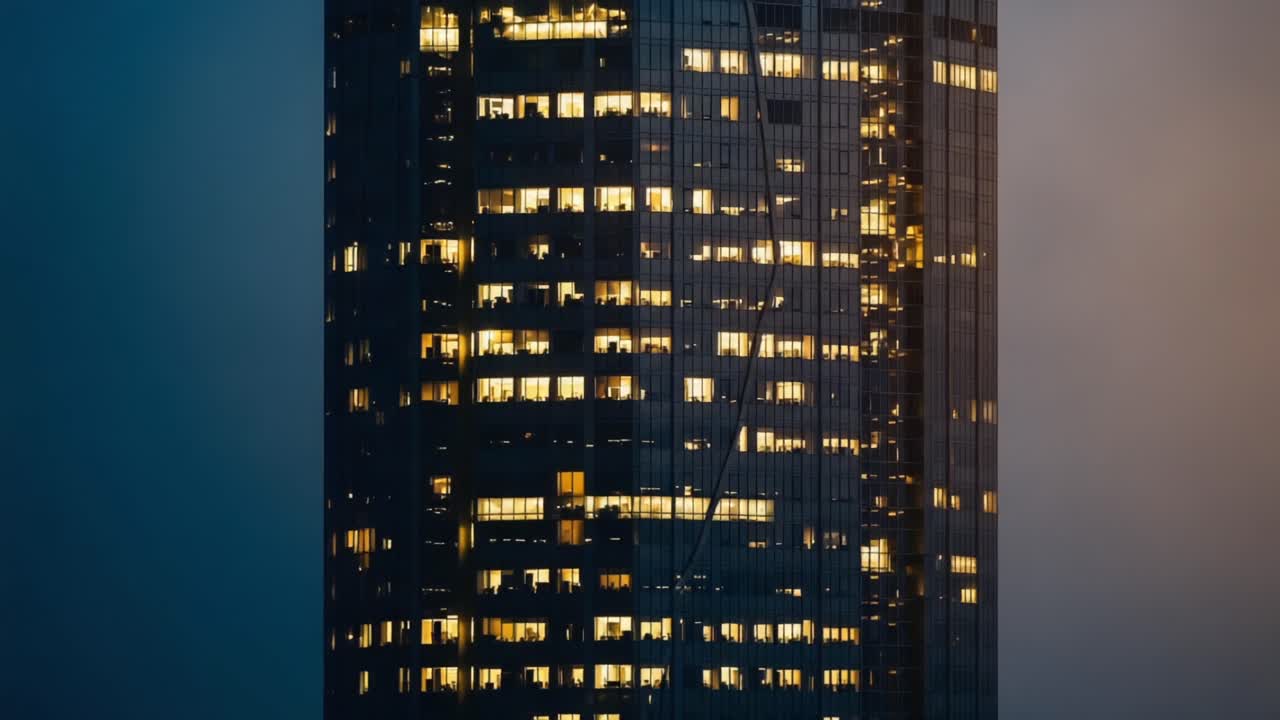 A Captivating Transformation: The Journey of a Majestic Skyscraper Illuminated at Dusk and Night, Showcasing Variations in Lighting and Architectural Splendor