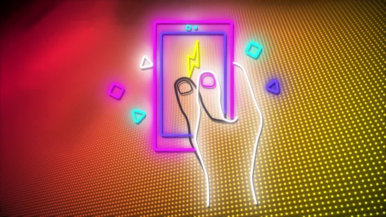 animación de un teléfono inteligente de neón sobre un fondo rojo y naranja