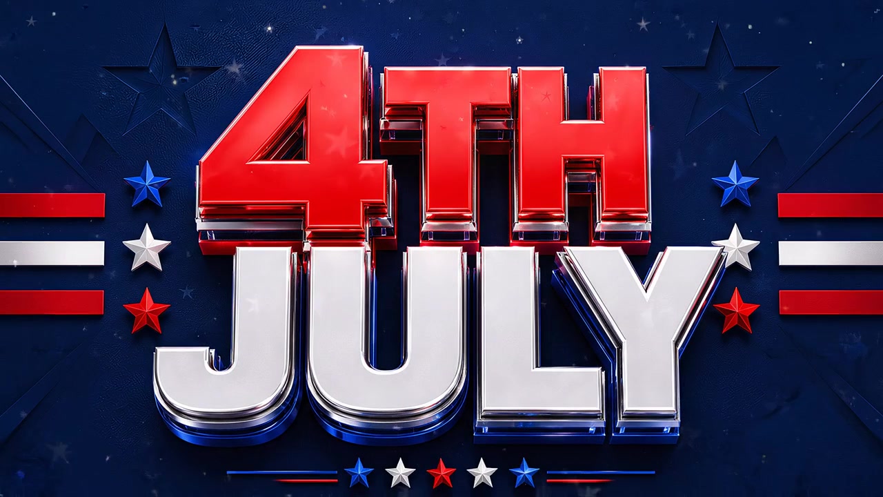 Patriotic Fourth of July 3D typography on dark blue background with stars and national colors