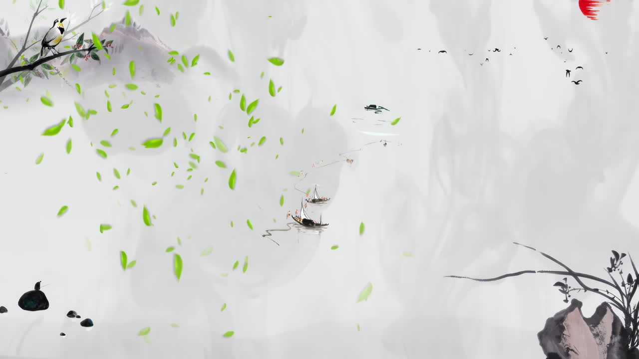 Mysterious landscape China's traditional Oriental Digital Art animation, Chinese retro painting ink misty mountain with flowers, tree, birds, river in fog background