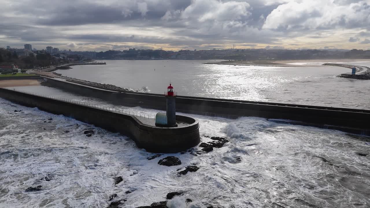 Cinematic view of Porto lighthouse and ocean waves