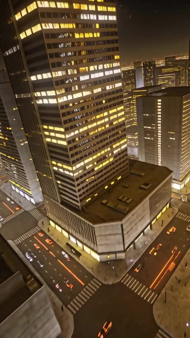 Vídeo vertical: Câmera descendo, revelando um conjunto de torres sobre o centro da cidade à noite, mostrando fachadas.