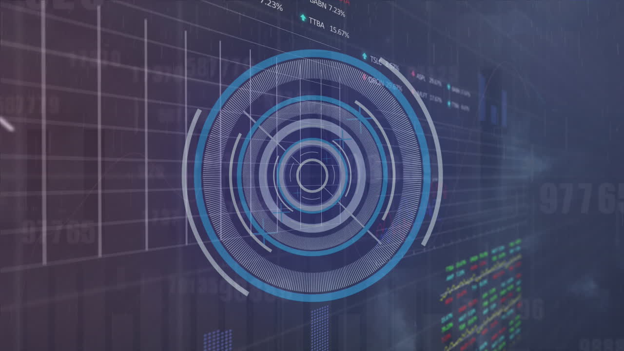animación del escáner redondo y el efecto de la lluvia sobre el procesamiento de datos estadísticos y bursátiles.