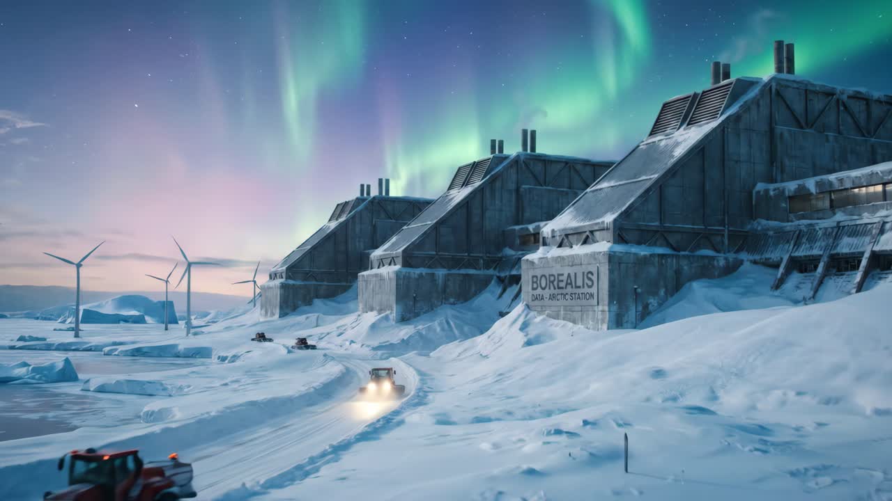 Futuristic Arctic Data Station Under Shimmering Aurora Borealis