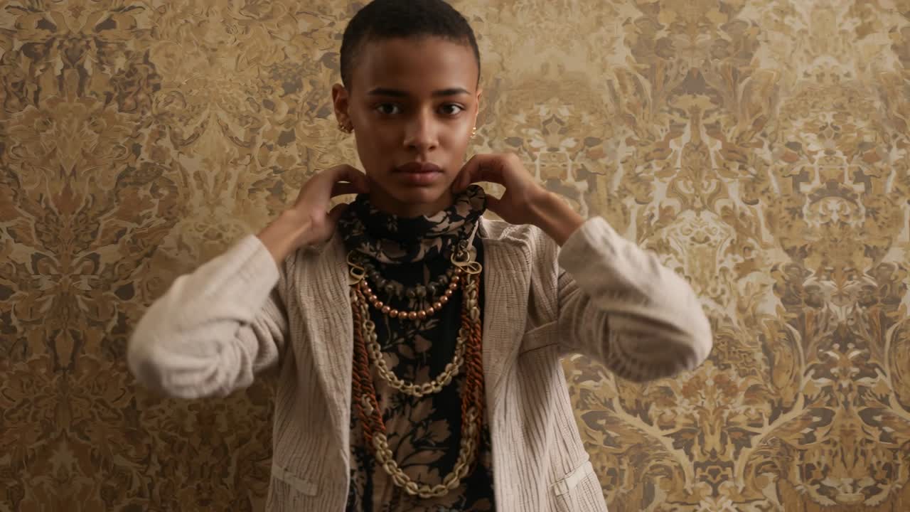 Raising hands, model adjusting scarf, gold chains and ribbed blazer against damask wall for posing