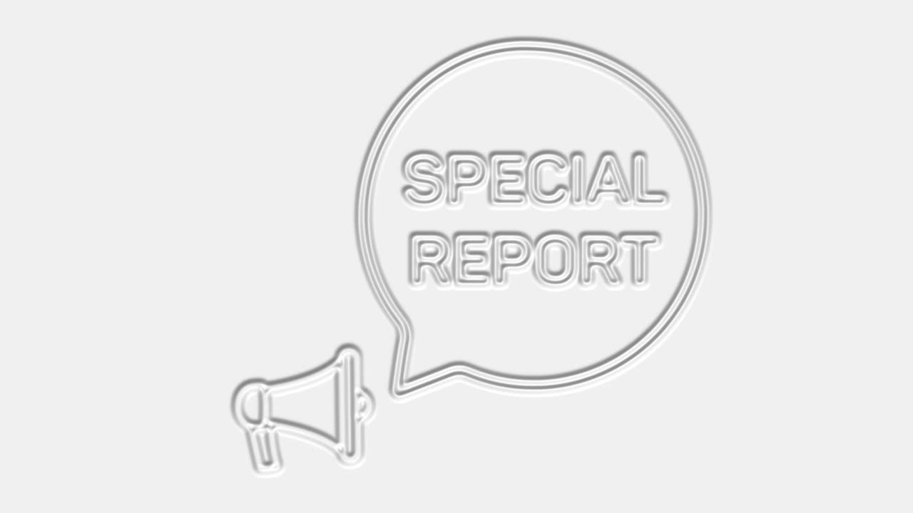 백색 배경에 3d 스타일의 음성 거품을 가진 메가폰, 문자, 라우드 스피커, 4k 비디오 모션 그래픽