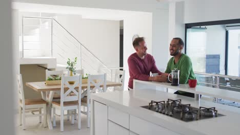 multi ethnic gay male couple talking in kitchen