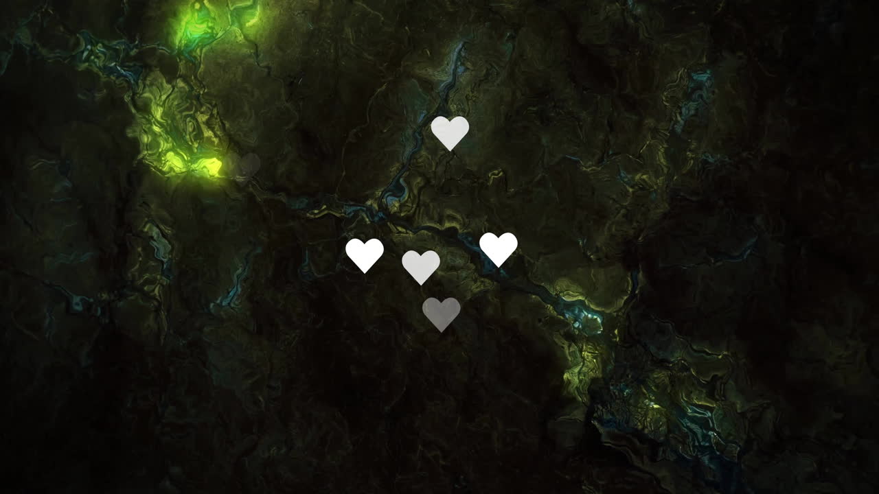 Animated hearts over green and black textured background, creating abstract pattern