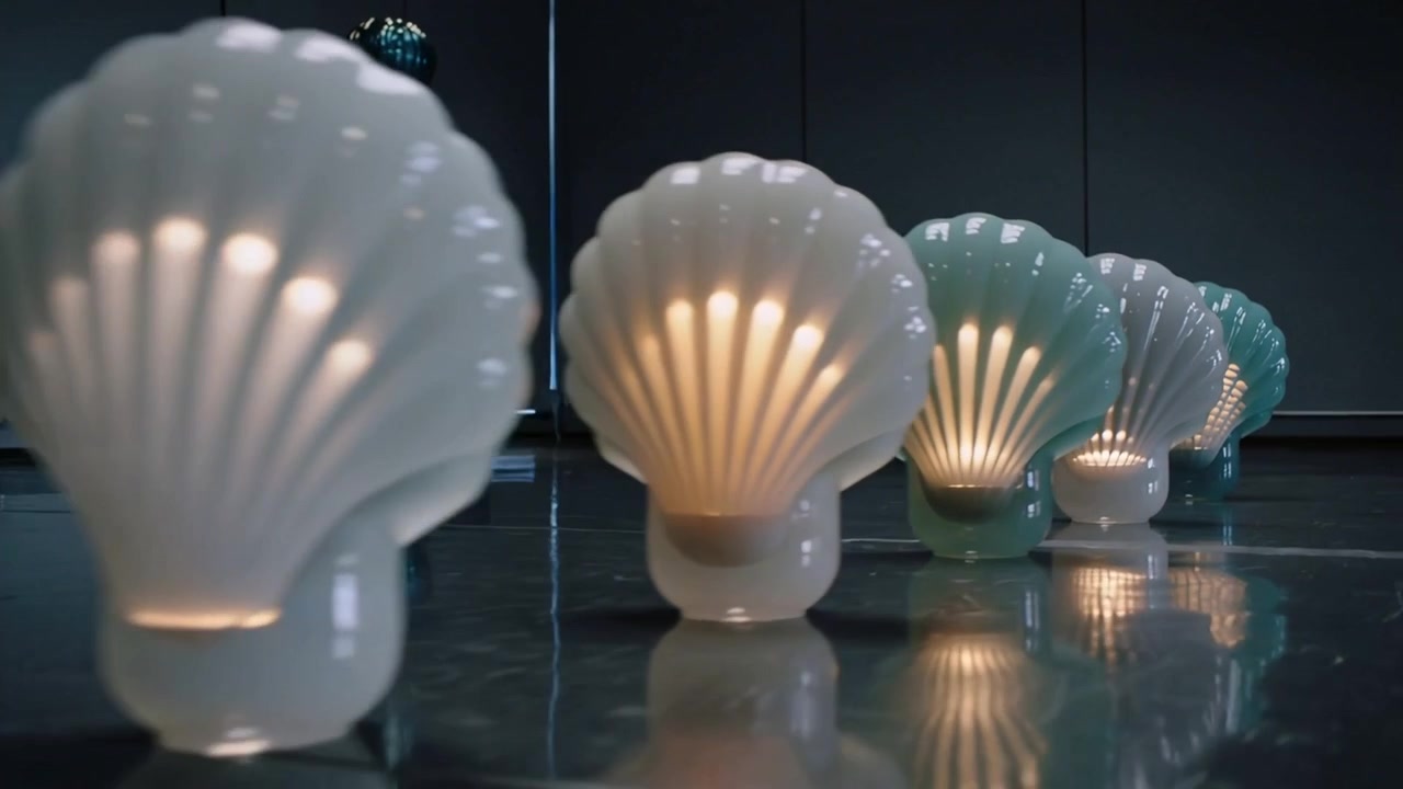 Câmera panorâmica sobre luminárias de concha em galeria, mostrando brilho branco ou verde-mar e espelhos, esfera azul-petróleo.