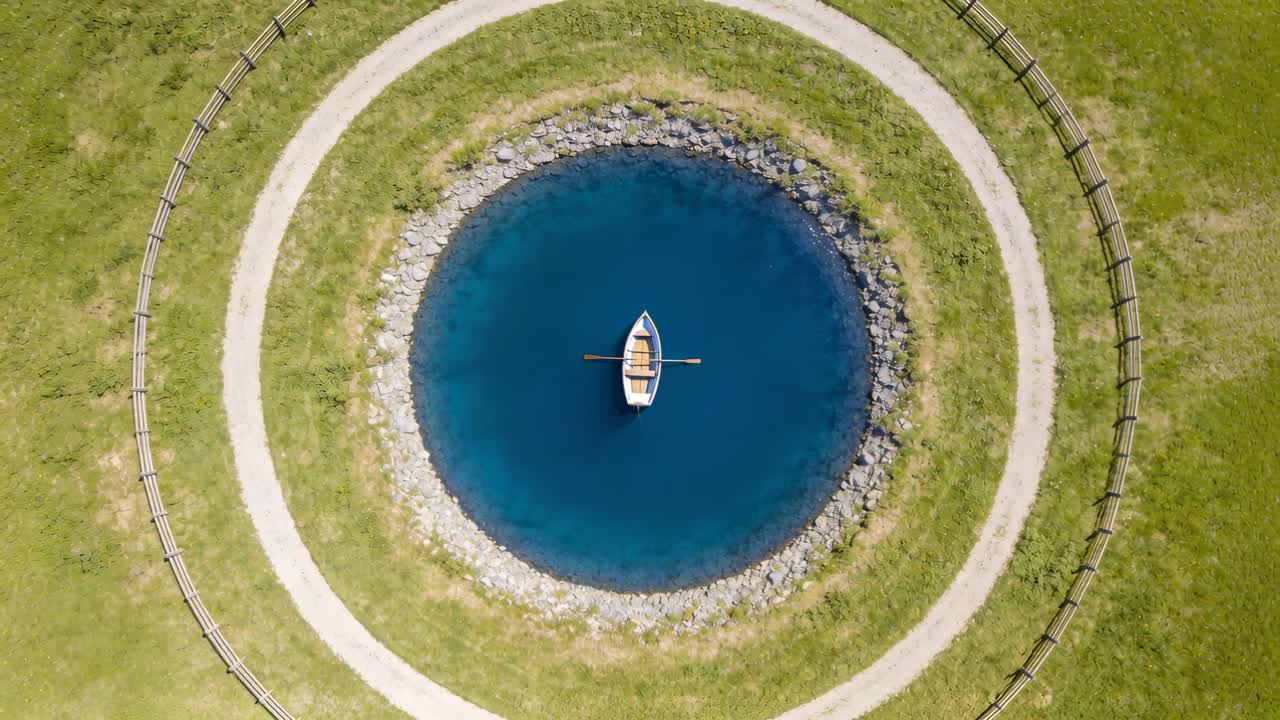 Telecamera drone in ascesa che rivela uno stagno circolare in un parco, mostrando una barca a remi di legno, il bordo roccioso, il sentiero di ghiaia
