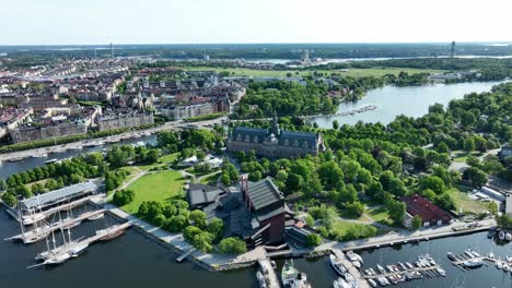 wide establishing aerial of nordic museum, view towards ostermalm stockholm in sweden