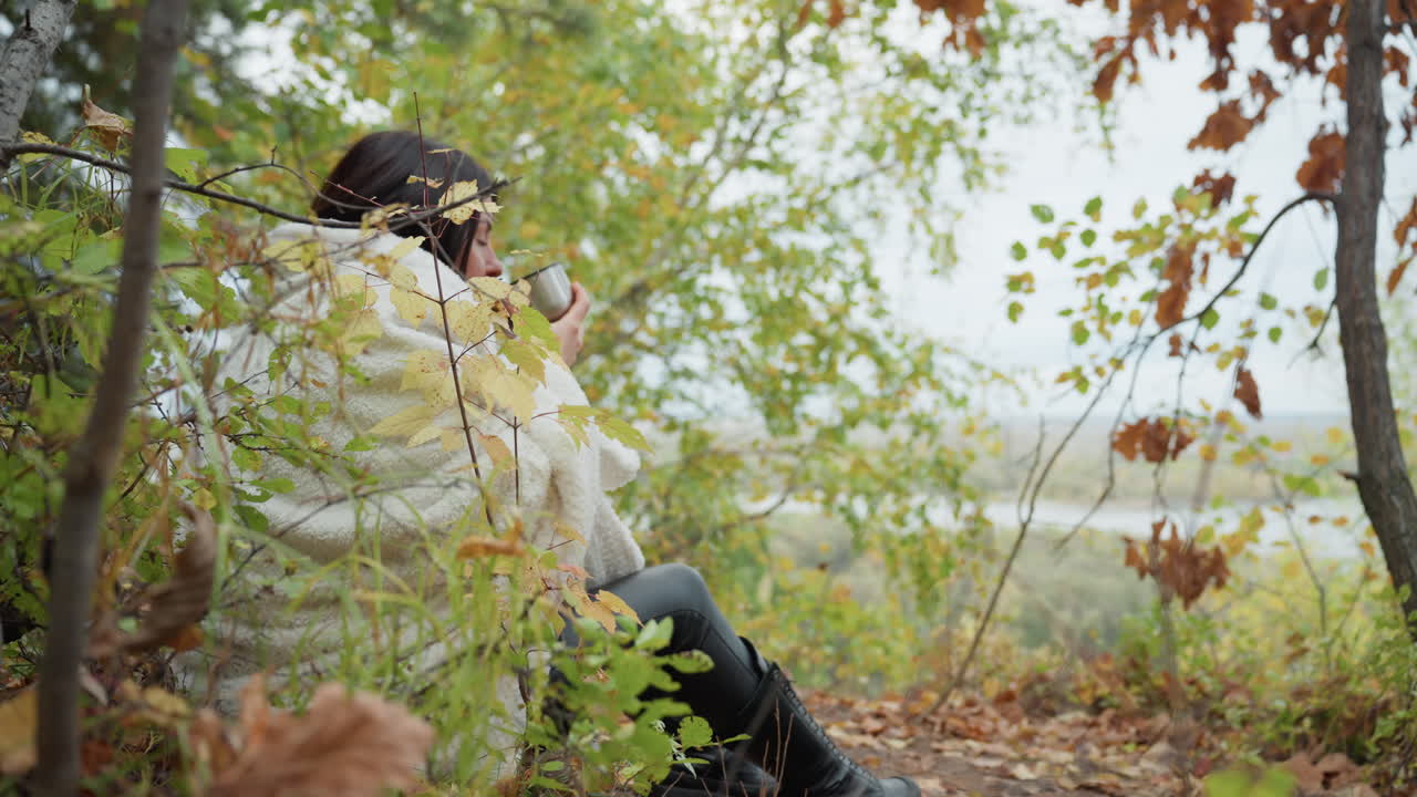 traveler wrapped in blanket overlooking valley with mug in hand, gazing across misty lake and distant horizon framed by birch and oak branches, relaxed posture, reflective pause during outdoor