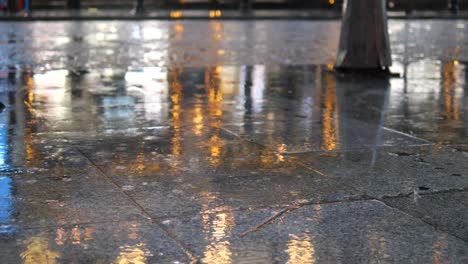 wet pavement with reflections of city lights at night