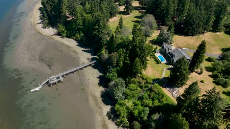 aerial view of a waterfront estate with a large pool and private dock on whidbey island