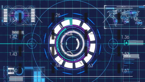 Animation of interface with round scanner and data processing against blue background