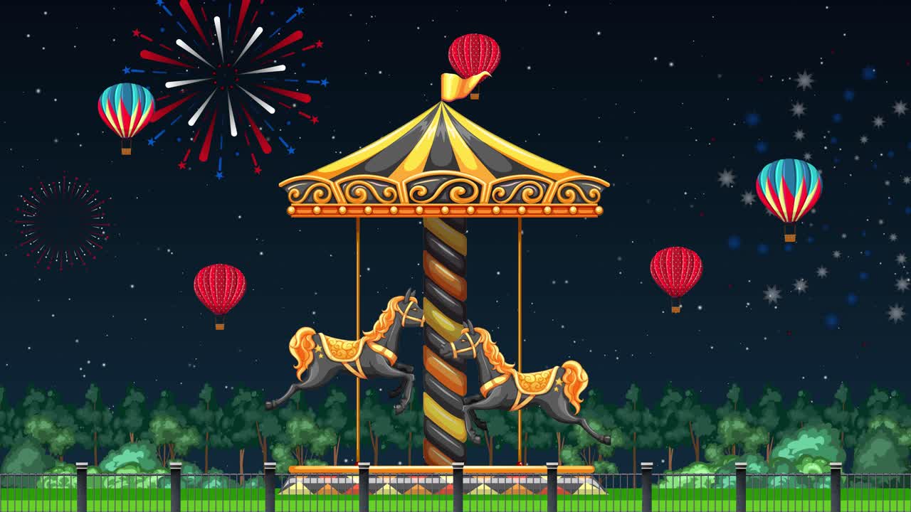 A vintage carousel rotates under a starry night sky with fireworks and floating balloons