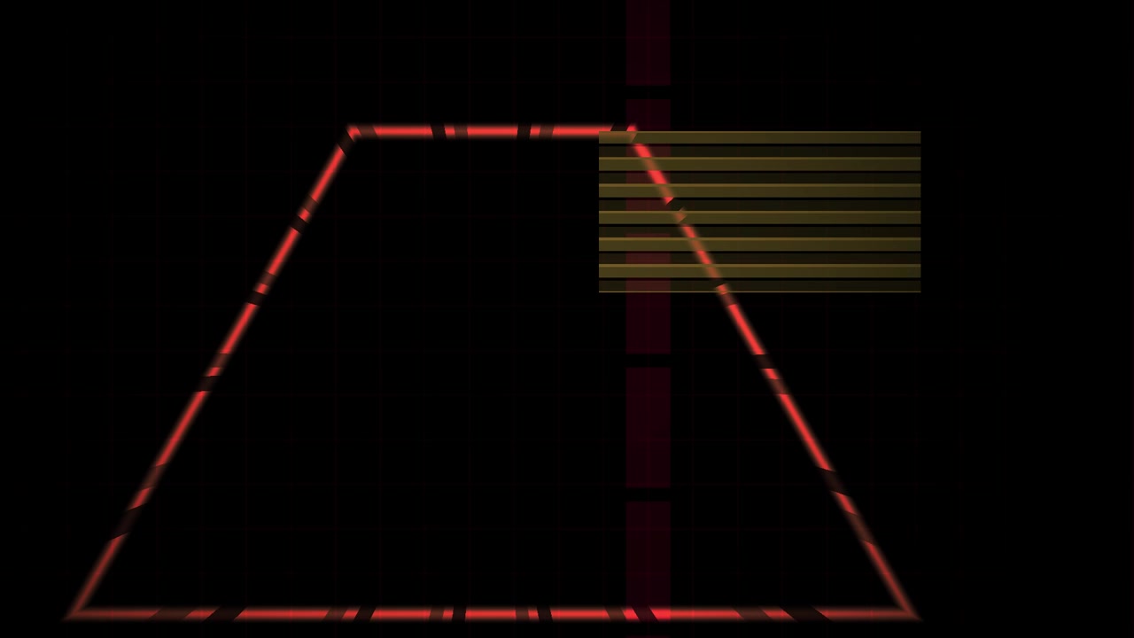 Abstract Digital Animation of Red Trapezoid with Moving Scanlines and Yellow Bars