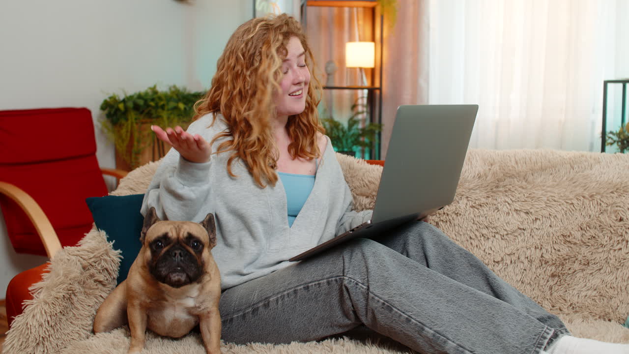 Young woman having video call on laptop with pug dog near her on home sofa friendly and calm mood