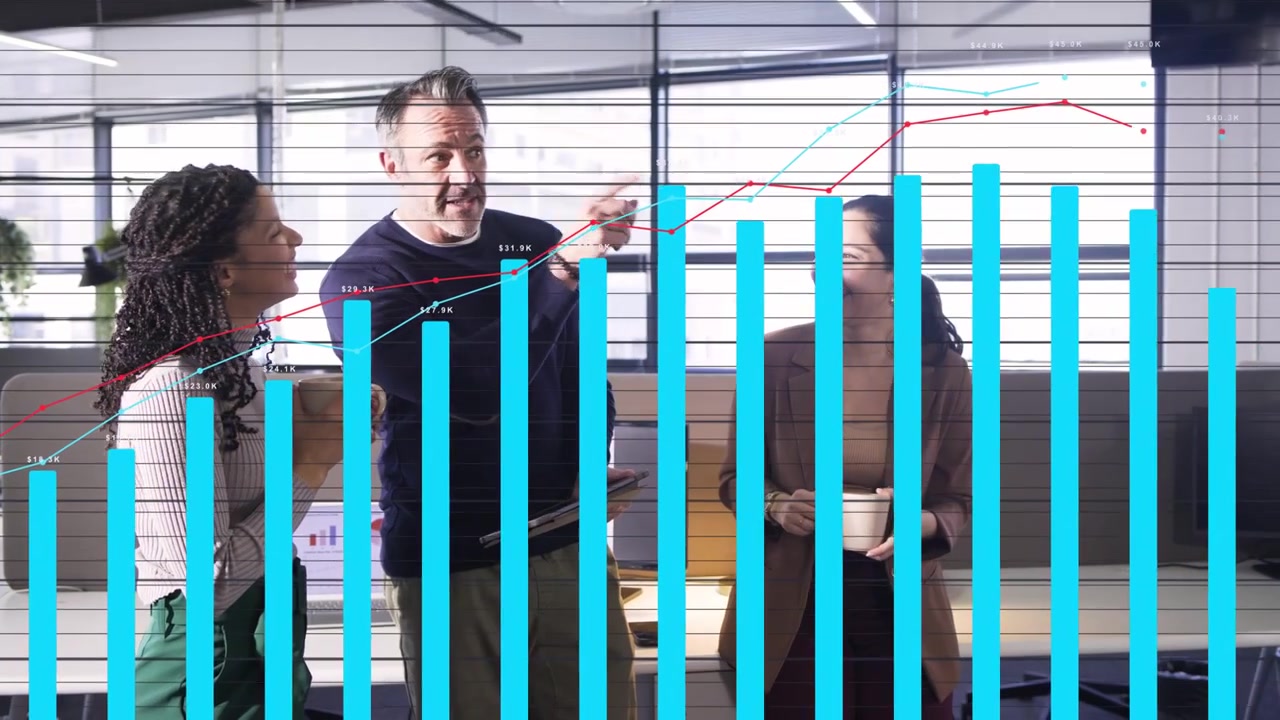 Team of three reviewing revenue in office, man pointing tablet causing blue bars rising over torsos