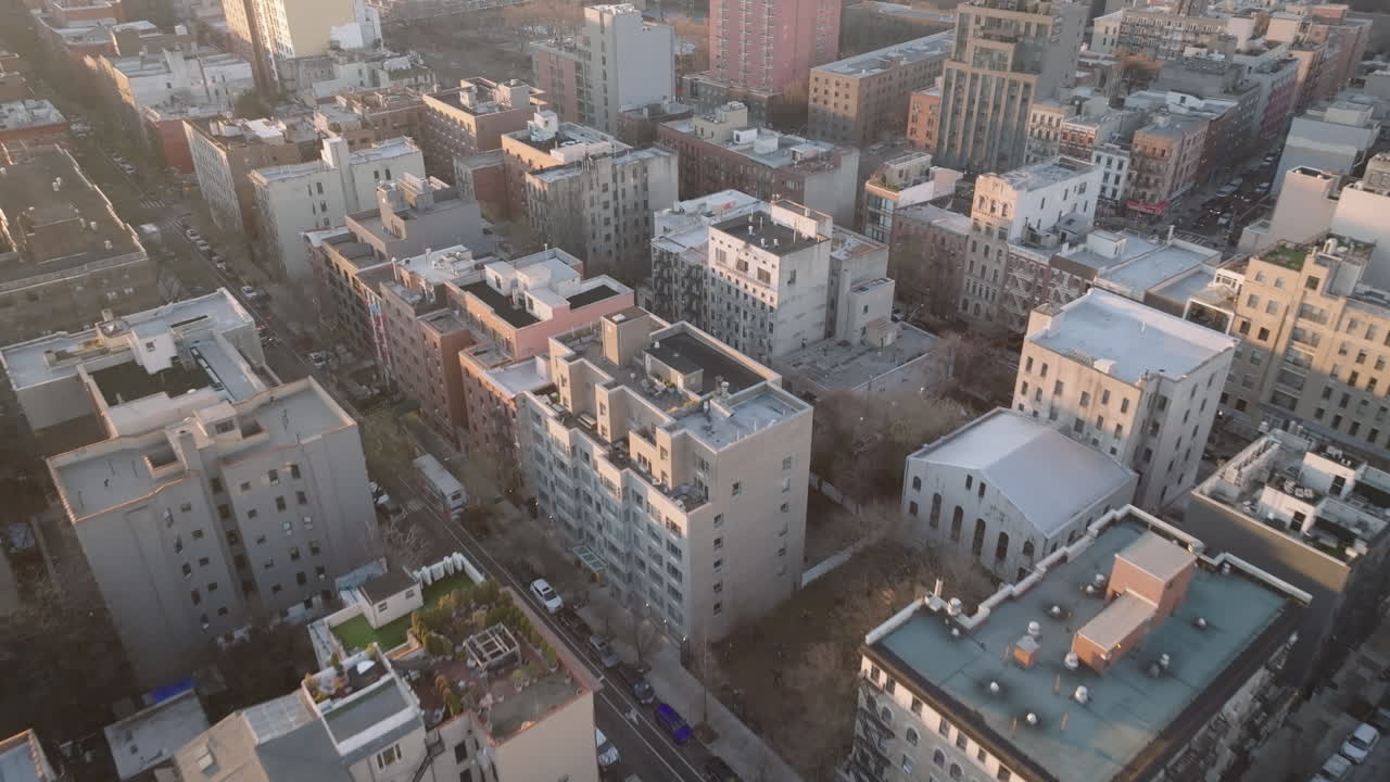 Aerial view of residential buildings in Manhattan's Alphabet City. Shot at sunrise in New York City.