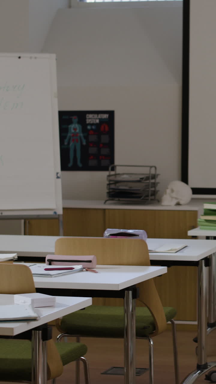 Classroom with projector screen and desks