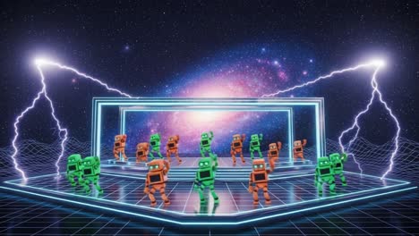a vibrant showcase of retro robots dancing in a cosmic setting, surrounded by electric lightning and stunning galactic visuals, blending nostalgia and futuristic vibes.