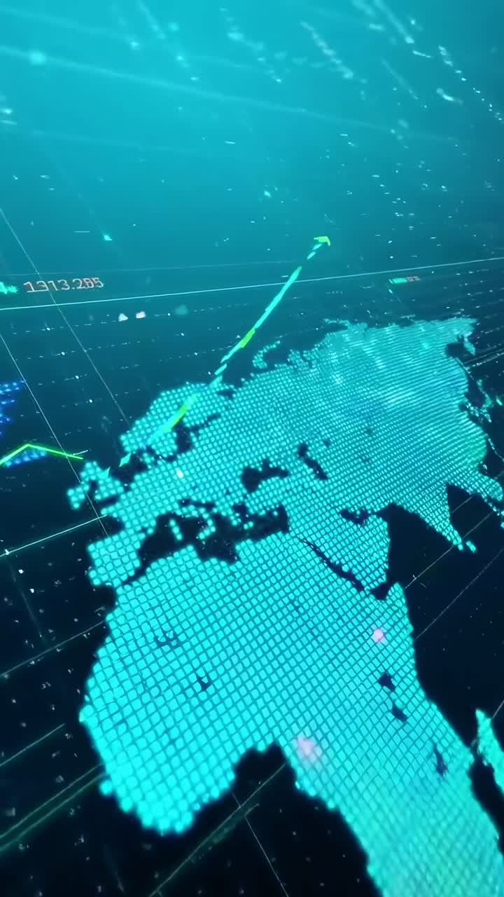 Futuristic video of digital world map and data charts, angled from above, in neon blue