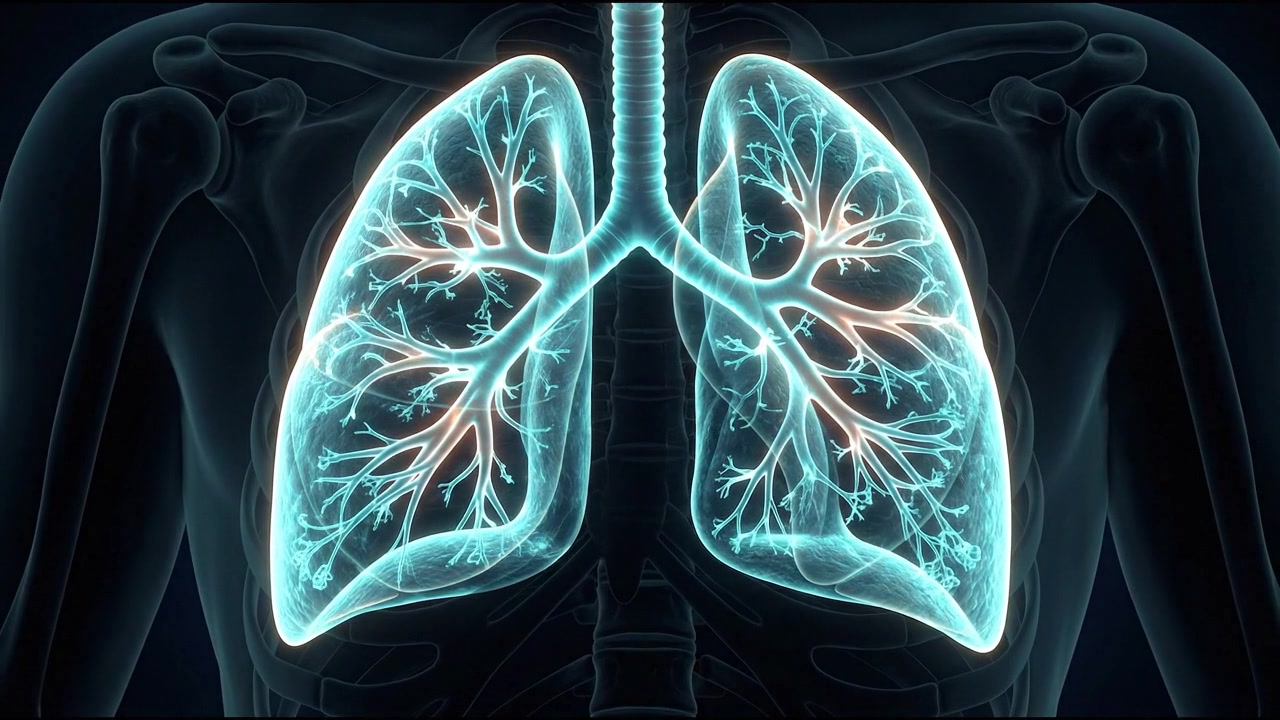 Coppia di polmoni umani 3D con tubi bronchiali evidenziati