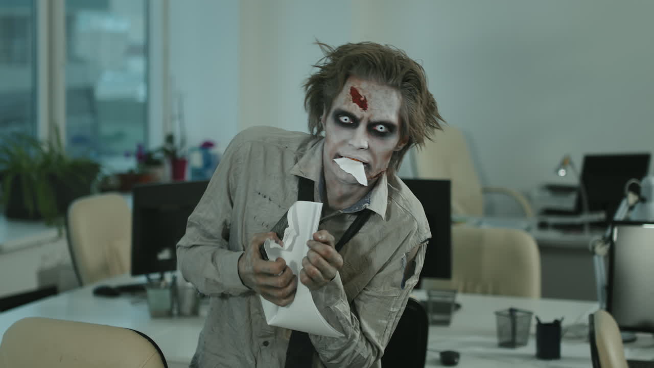 Ritratto di uomo zombie che mangia un documento in ufficio