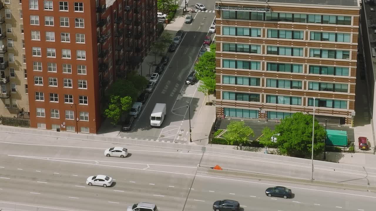 Chicago aerial view showing buildings, streets, and green spaces
