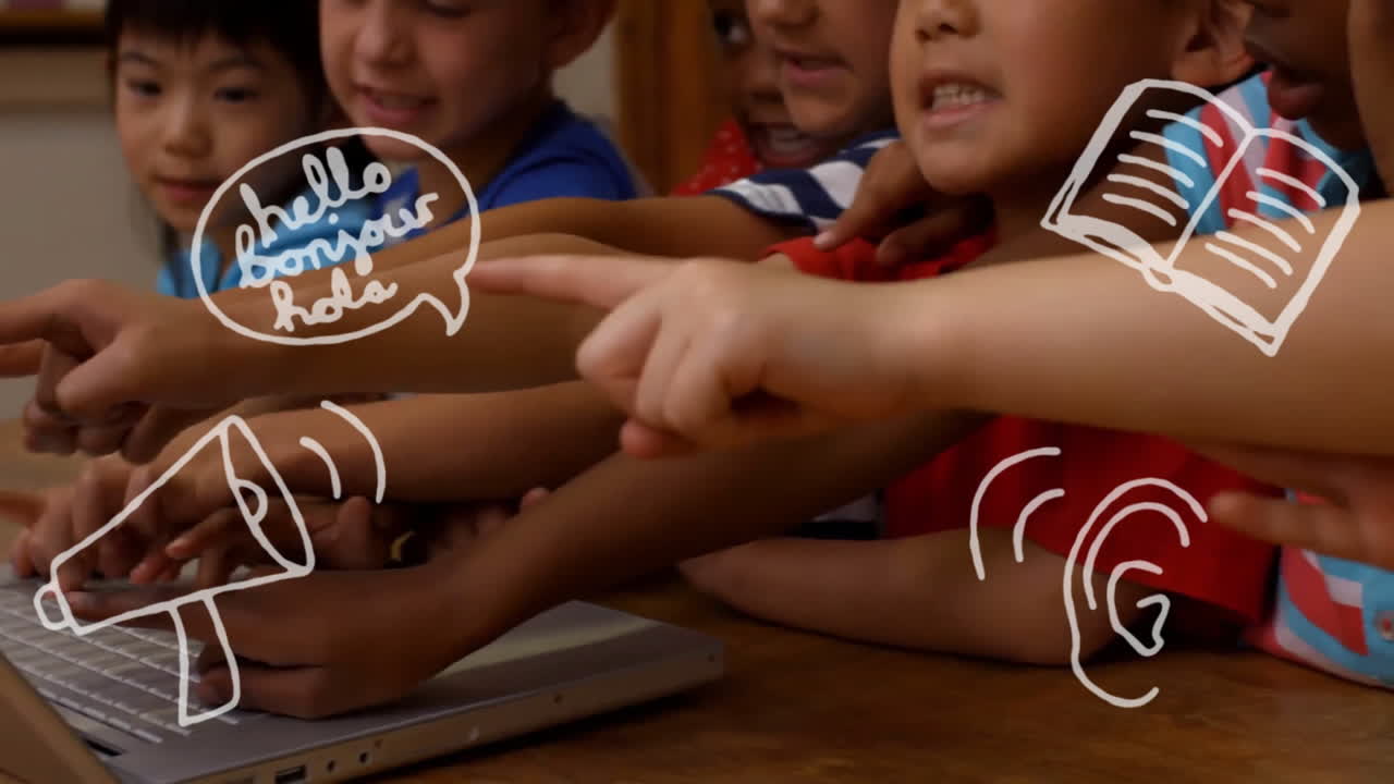 animación de texto de saludo e iconos escolares sobre diversos escolares