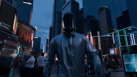 futuristic humanoid figure in a neon-lit cyberpunk cityscape at dusk
