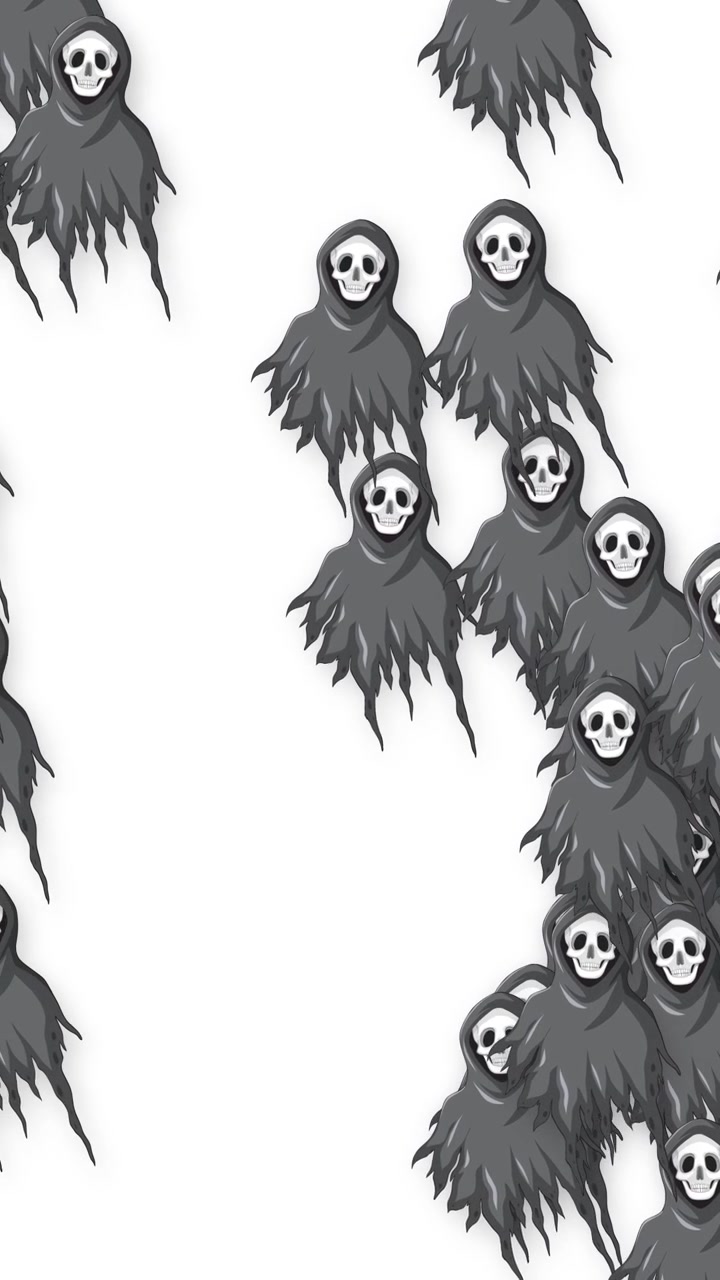 Stylized hooded ghost figures with skull faces float vertically across a plain white background.
