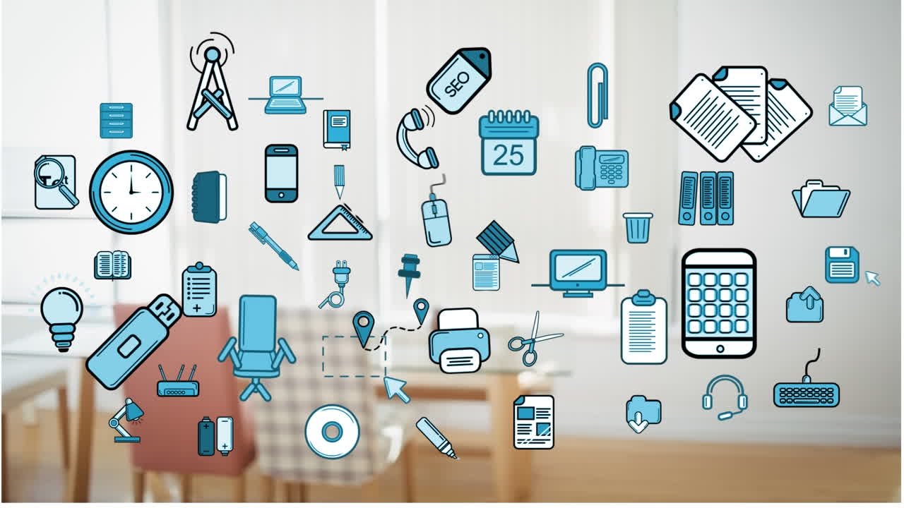 animación de iconos de negocios y oficinas sobre la oficina