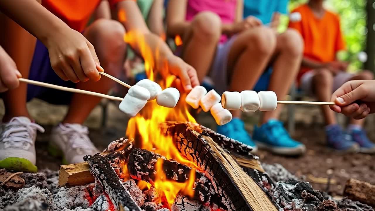 A group of people roasting marshmallows over a campfire