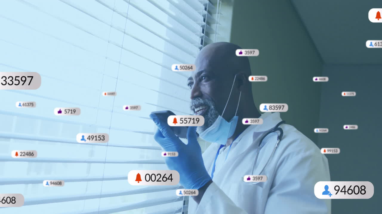 Doctor speaking into smartphone in health clinic, with stethoscope and floating notification icons