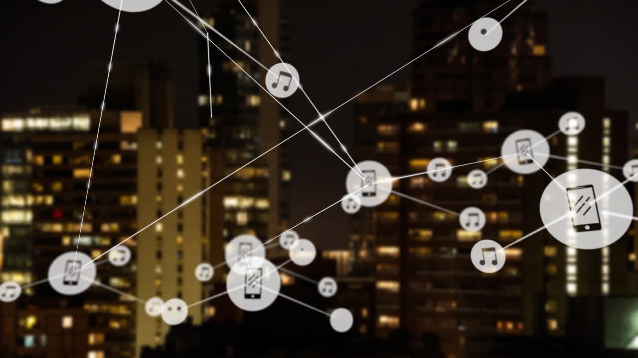 도시 풍경 위의 아이콘으로 연결된 네트워크의 애니메이션