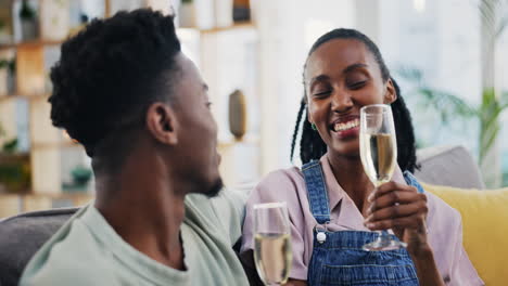 Black-couple,-toast-and-champagne-glass-in-home