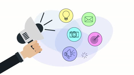 hand with megaphone and social media marketing animation