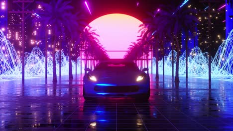 coche deportivo cyberpunk retro en un túnel de palma al atardecer