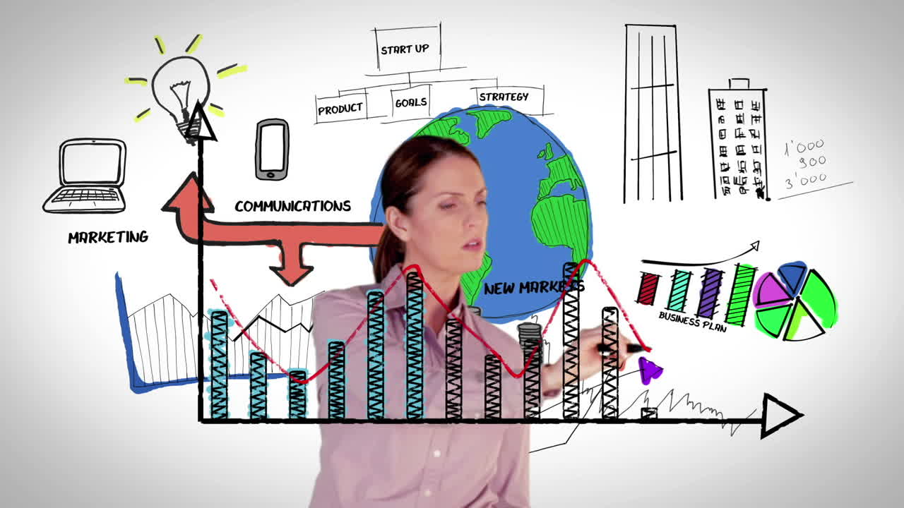 mujer de negocios feliz dibujando gráfico holográfico