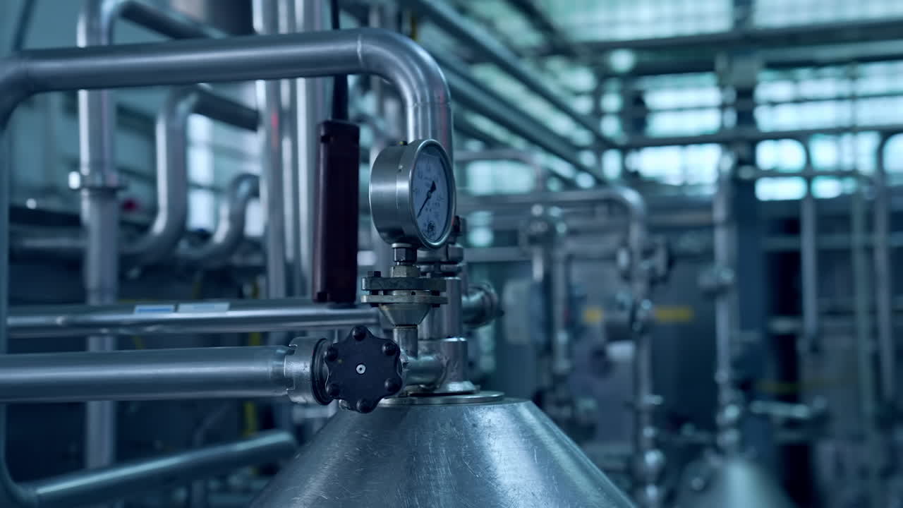 Industrial mechanism on a dairy farm. Modern equipment inside the milk farm. Production of dairy products. Food production industry.