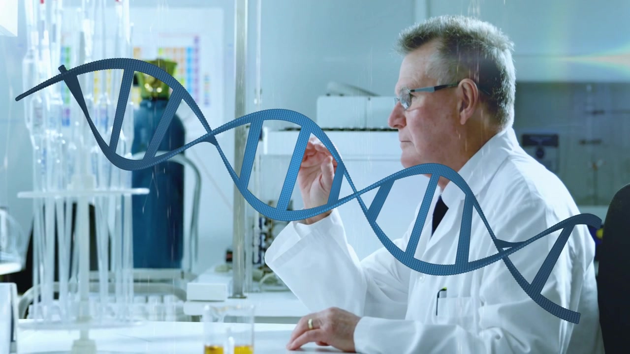 Senior Scientist Interacting with Holographic DNA in a Modern Lab