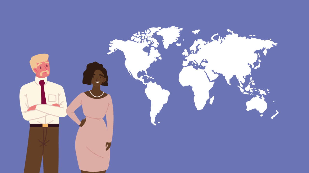 pareja de trabajadores y mapas de la tierra animación