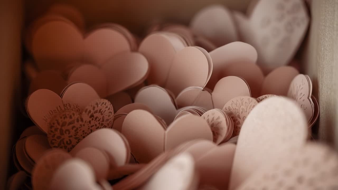 Pulling focus camera revealing layered blush pink paper hearts in shallow box exposing textures