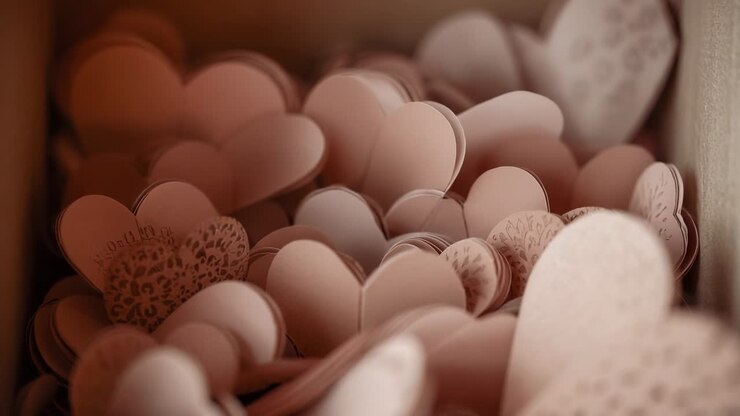 Pulling focus camera revealing layered blush pink paper hearts in shallow box exposing textures
