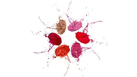 3d splashes of liquid. paint bounce in 4k on white background. simulation of splashes of ink on a musical speaker that play music. version shades of red 4