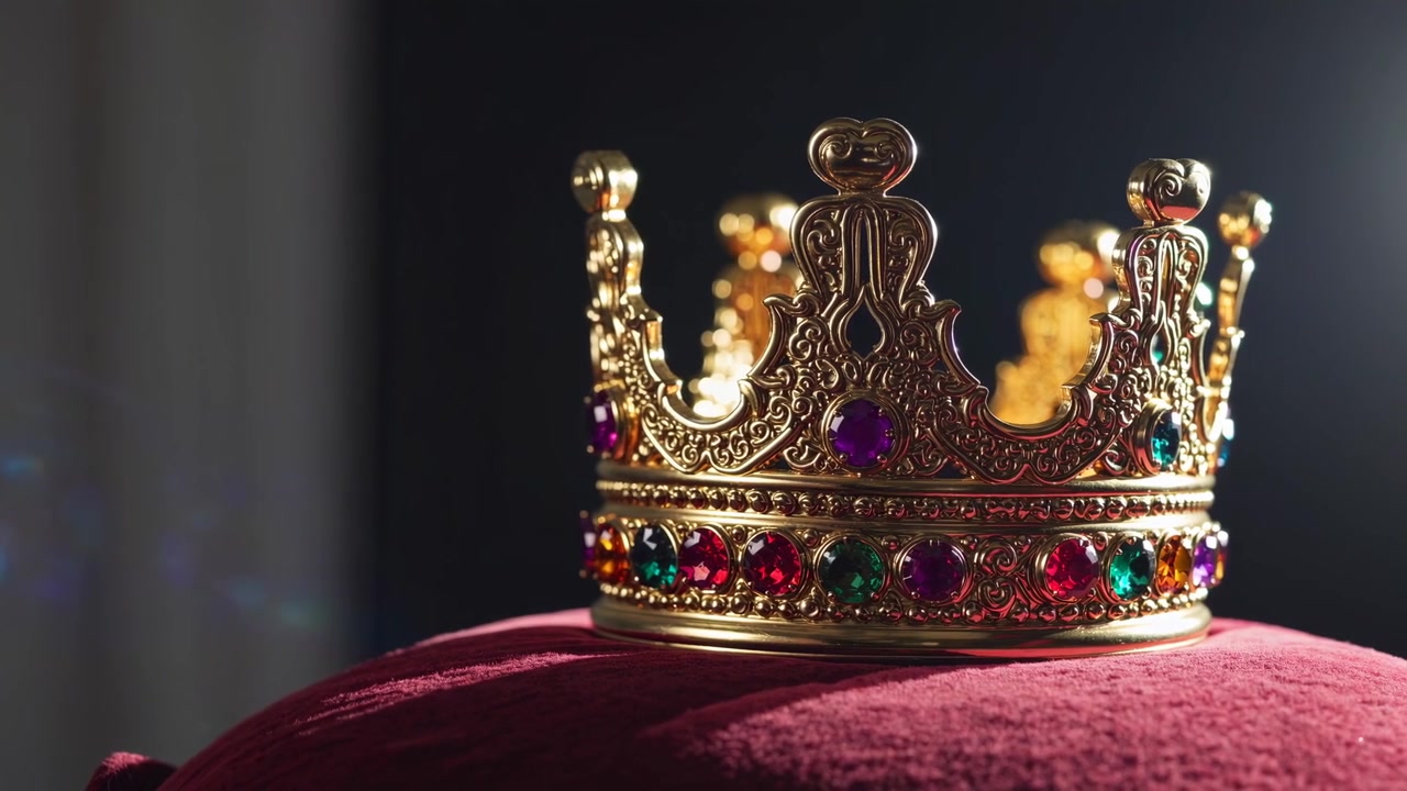 Majestuosa corona dorada con joyas coloridas sobre un cojín de terciopelo rojo