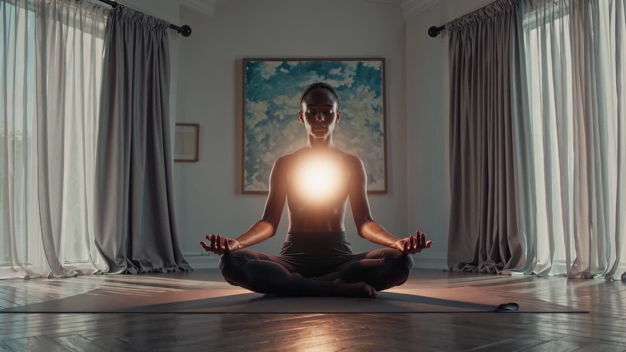 Una scena video serena di una persona che medita in una stanza illuminata dal sole, ripresa da una angolazione bassa